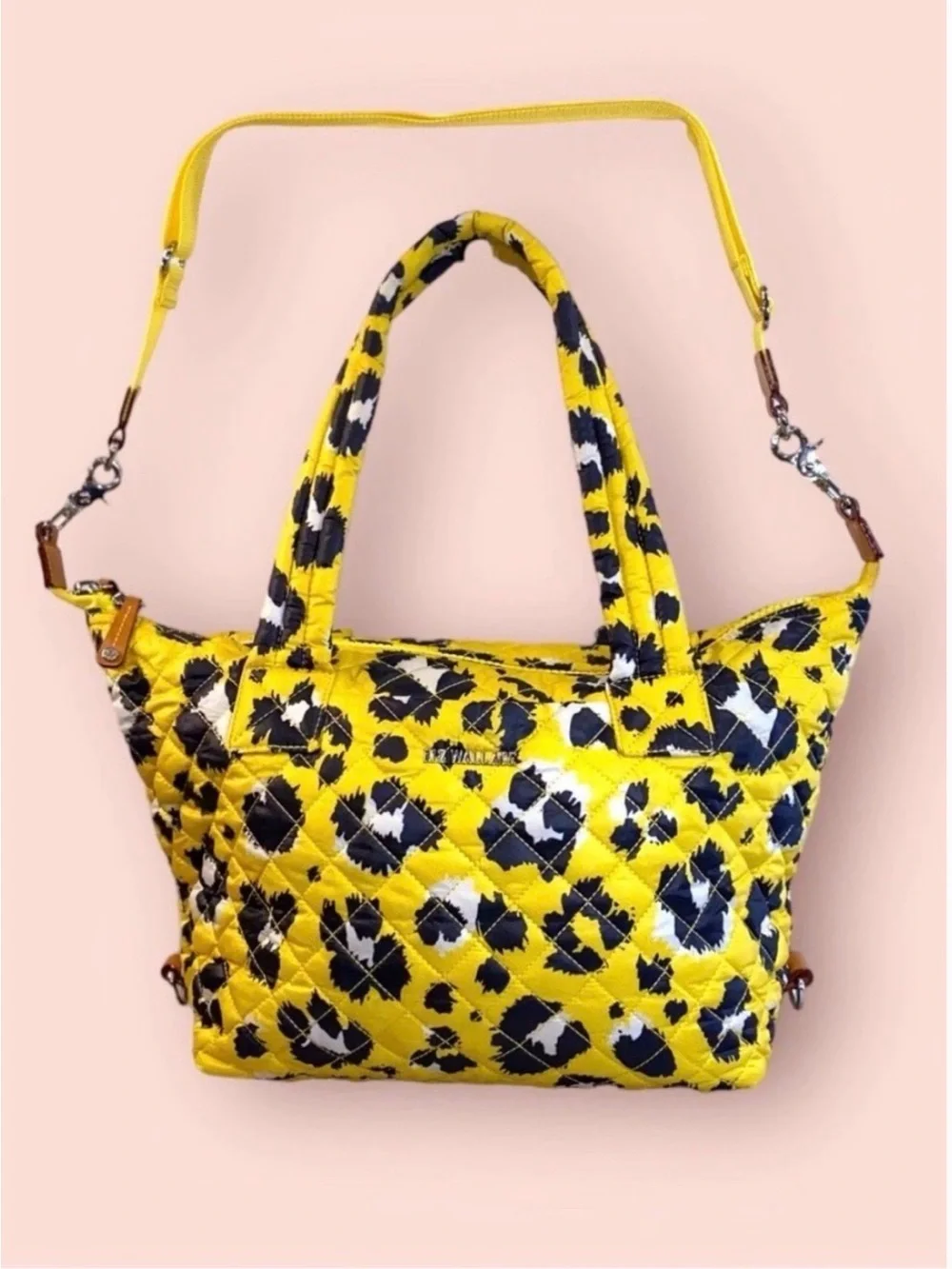 MZ Wallace Yellow Quilted Leopard-Print Tote Bag with Shoulder Strap - Picture 1 of 12